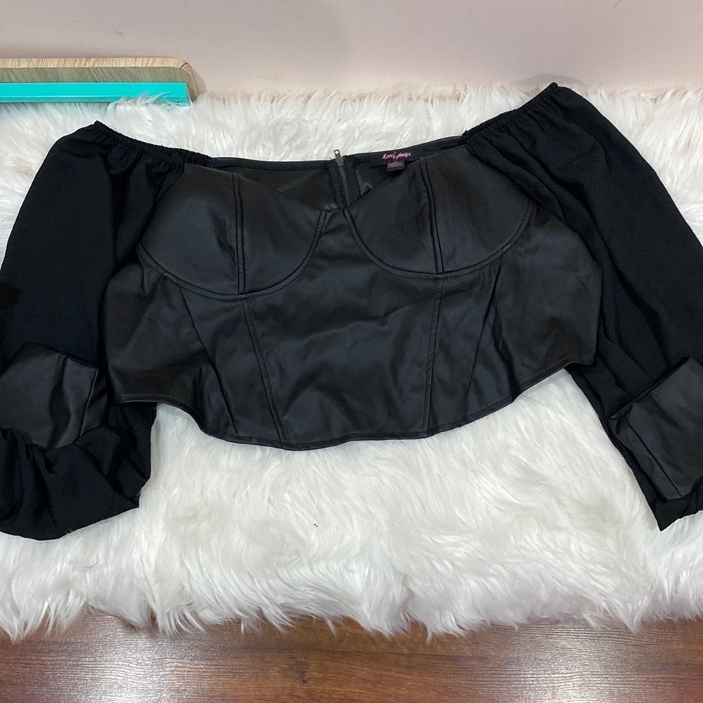 Corset, leather look top with ballon  mesh sleeves